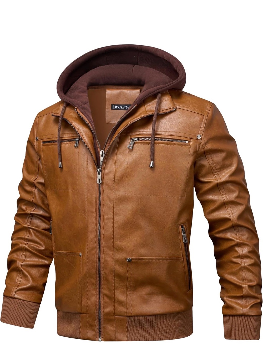 WULFUL Men's Leather Jackets, Faux Leather Jacket for Men Lapel Zip-Up Slim Fit
